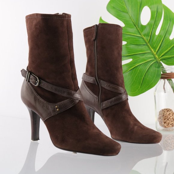 Cole Haan Dress Fashion Bootie Women 8 High Heel Brown Suede Harness Straps Zip - Picture 14 of 14